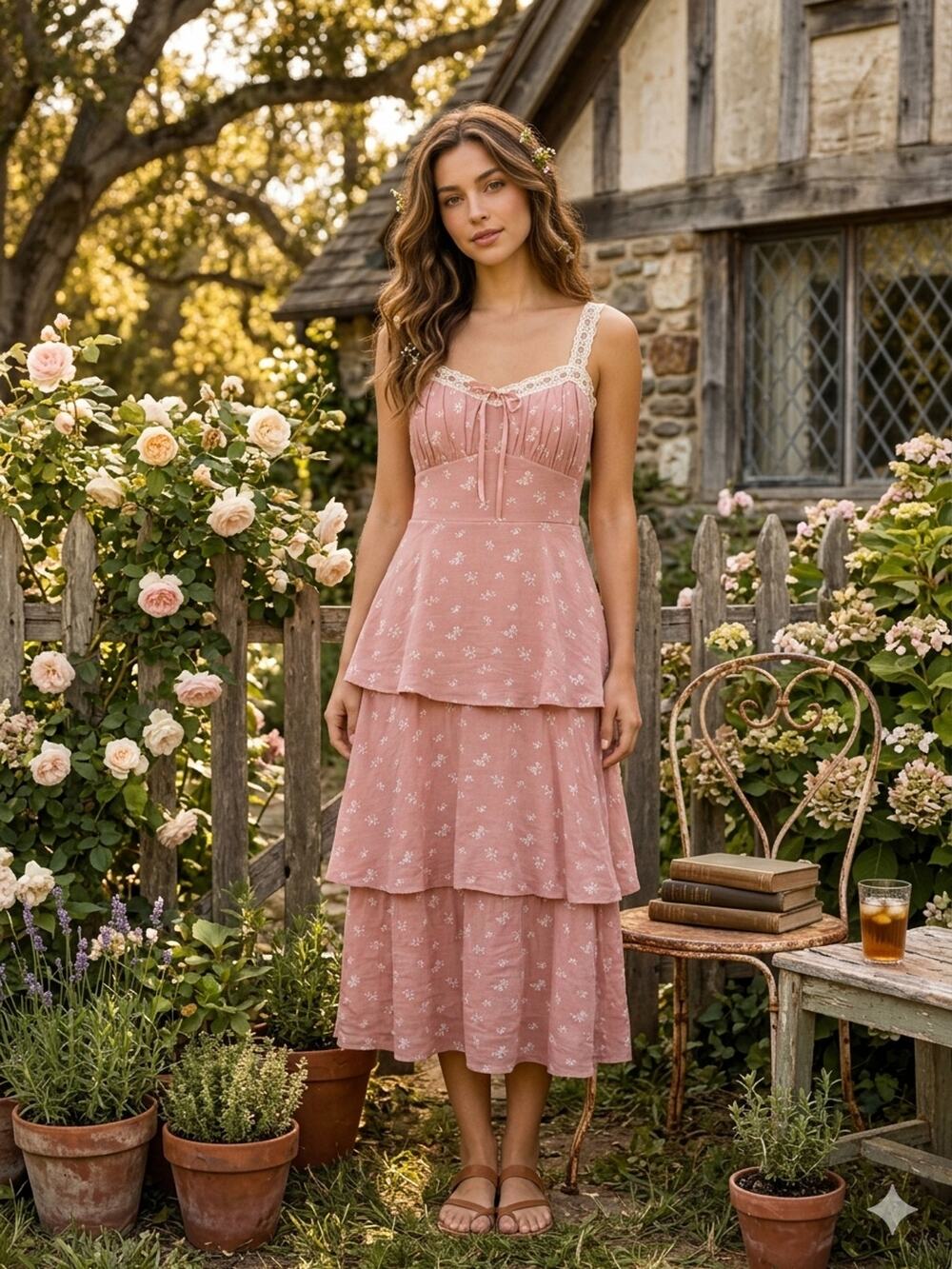 Trixxi Women S Rose Maxi Dress Milkmaid Tiered Cottagecore Coquette Floral Boho